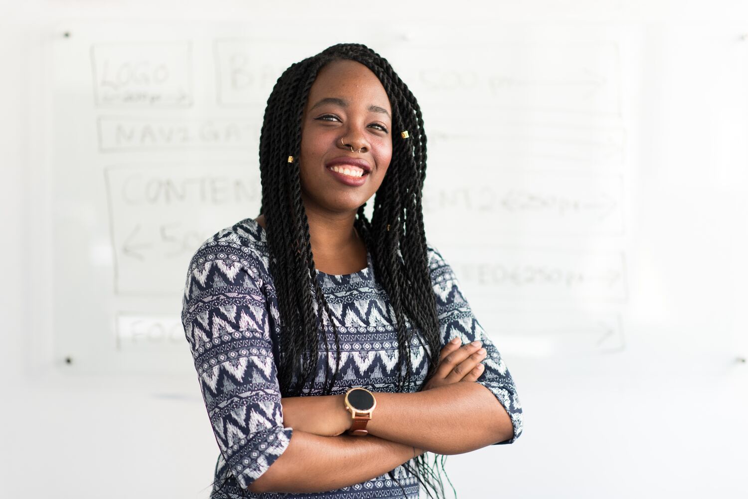 A Human Resource Officer With Her Arms Folded In Front Of A Whiteboard